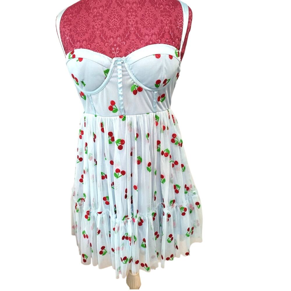 LACE & BEADS BLUE CORSET style DRESS with Cherries! size 8
